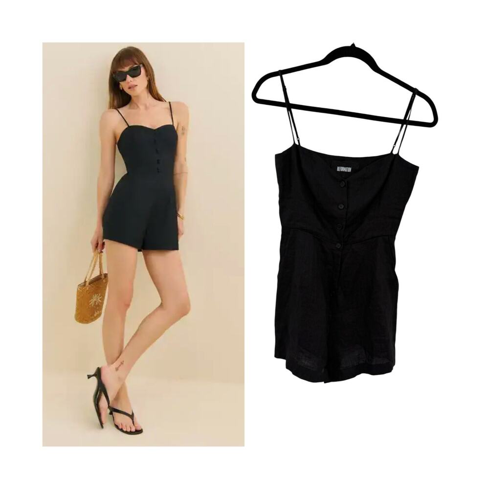 Reformation Blanca Linen Romper Black Button Front Sleeveless Size 00